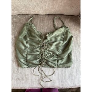 Green Lace-Up Ruffle Top